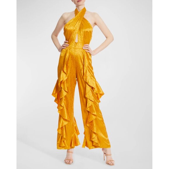 One33 Social Jumpsuit Yellow Orange Satin Floral Crossover Halter Ruffles 6 - Picture 2 of 12